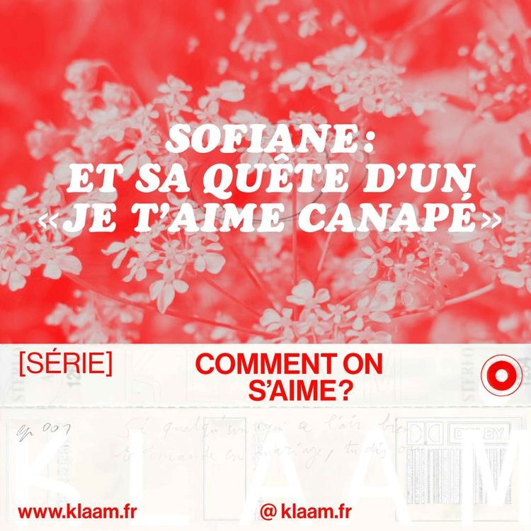 L'image montre une affiche promotionnelle pour une série intitulée "Sofiane : et sa quête d'un 'Je t'aime canapé'" avec un fond rouge et des fleurs blanches, incluant des éléments de texte en français et un logo de cible à la fin.