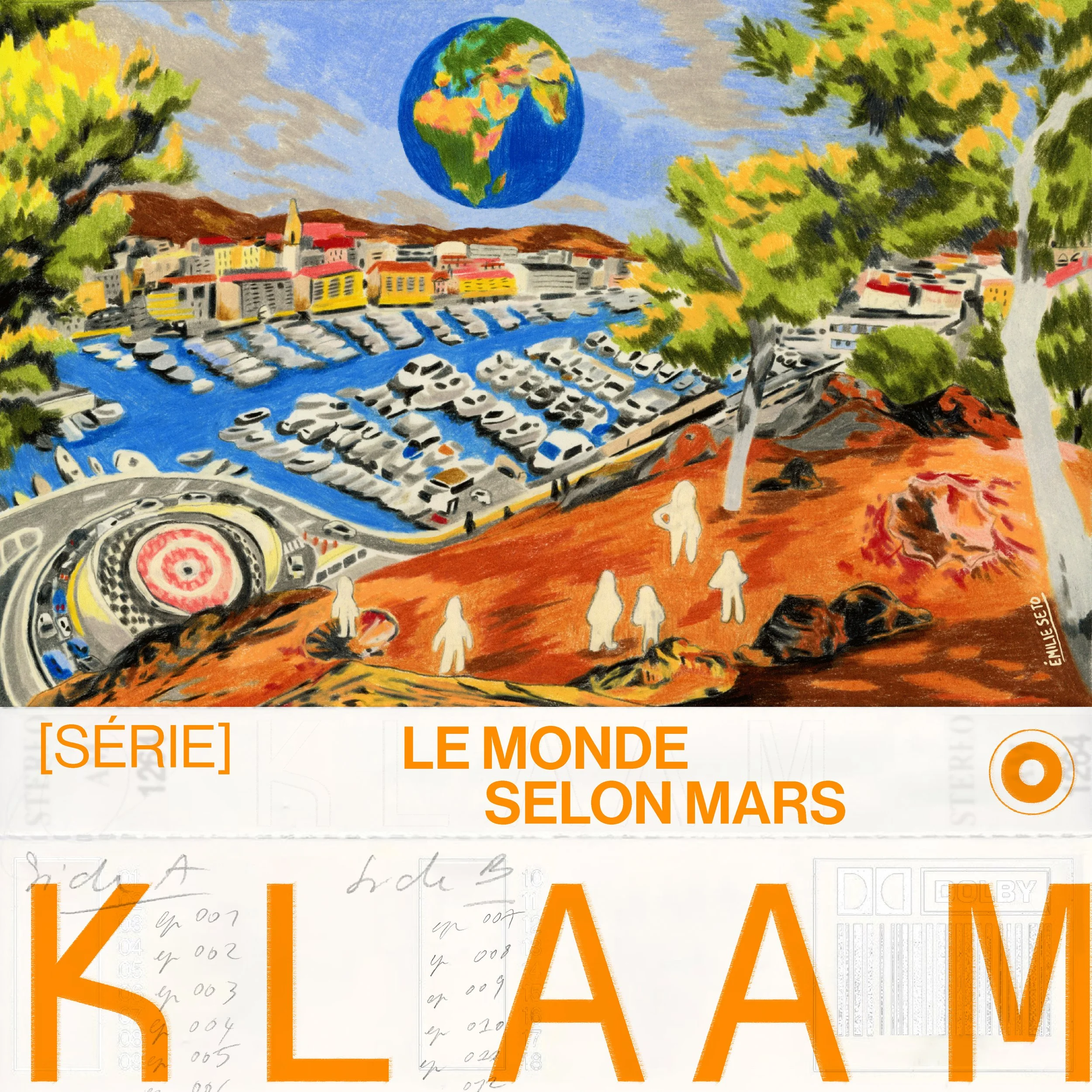 Une illustration représentant la planète Mars avec une ville, un port de plaisance, un groupe de personnes et la Terre en arrière-plan, accompagnée du texte en français 'Le Monde Selon Mars' et 'Kliam'.