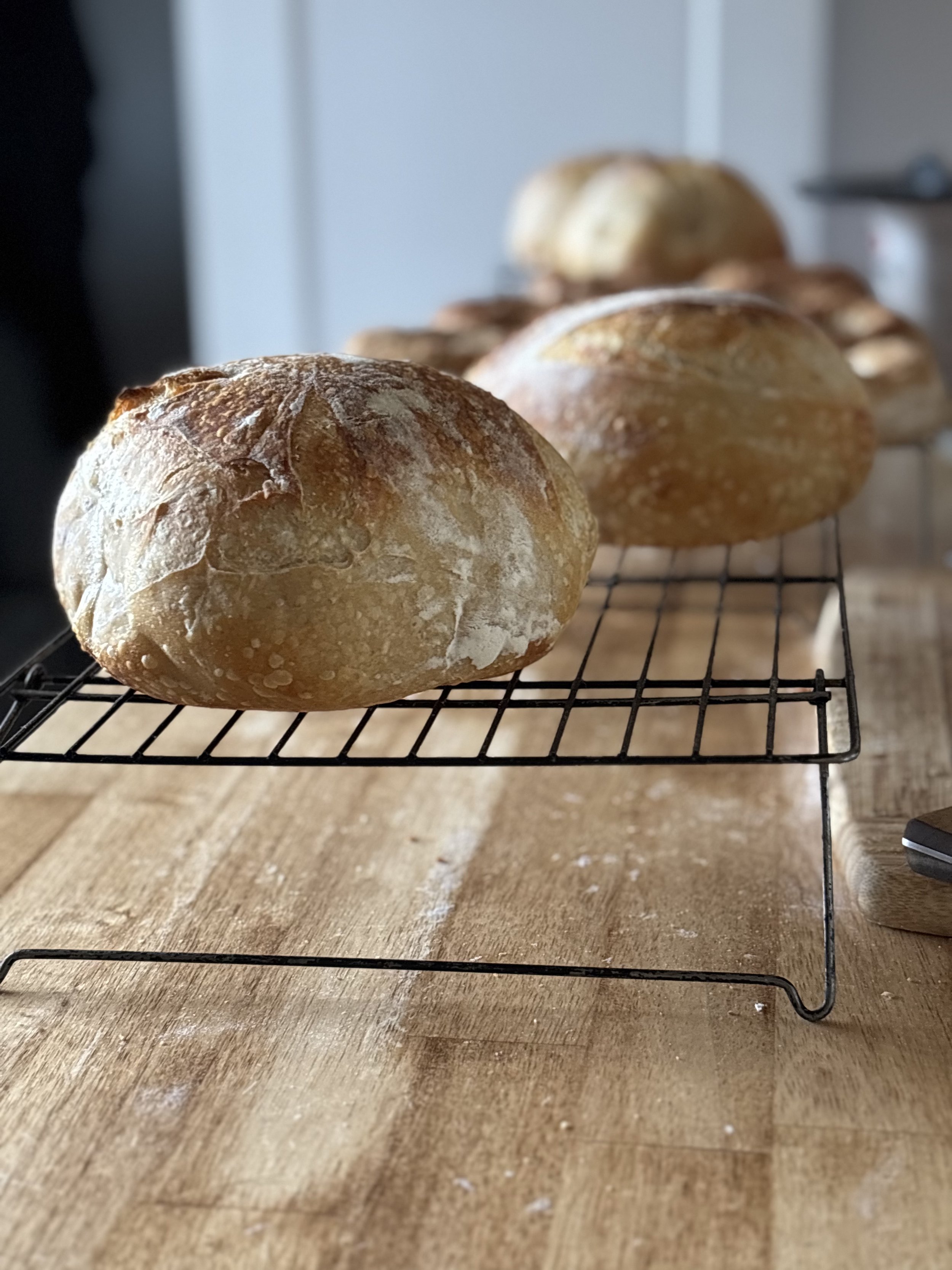 A couple of sourdough boule-style loaves on a baking rack on a wooden countertop. 