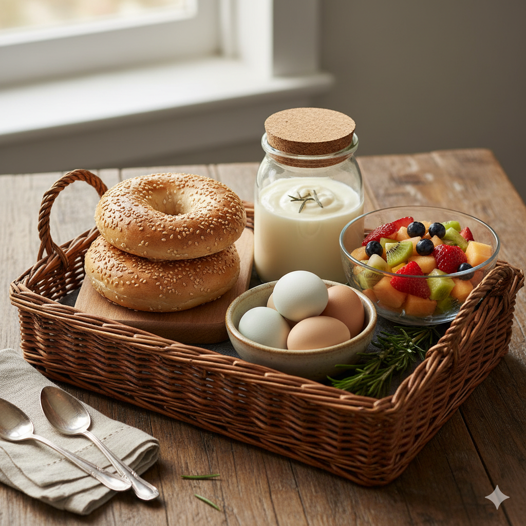 A rectangular wicker basket with handles sitting on a wooden table by a window. In the basket are two sesame seed bagels stacked on a wooden board. There is a small bowl of white and brown eggs in the basket, as well as a jar yogurt and a bowl of fru
