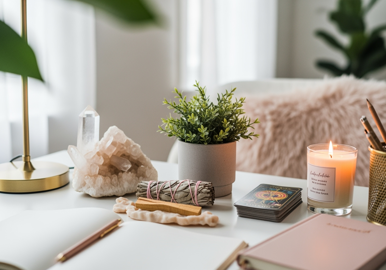 A white desk with a lit candle, tarot cards, a potted plant, a bundle of sage, and a rose quartz crystal, with a fluffy pink pillow and a lamp in the background.