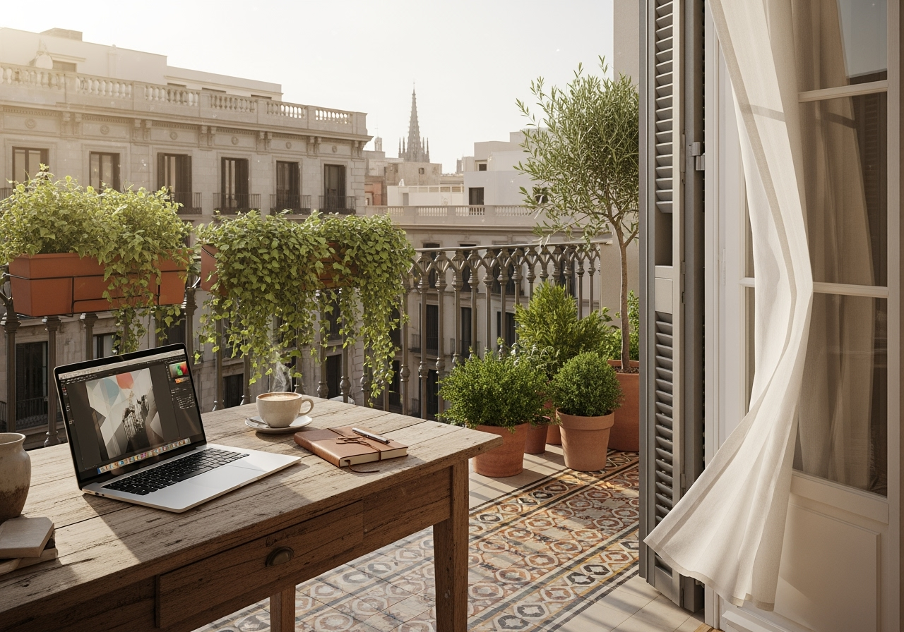 A cozy balcony with potted plants, a wooden table with a laptop, coffee cup, notebook, and book, open door with curtains, cityscape views of Paris with classical buildings and a church spire.
