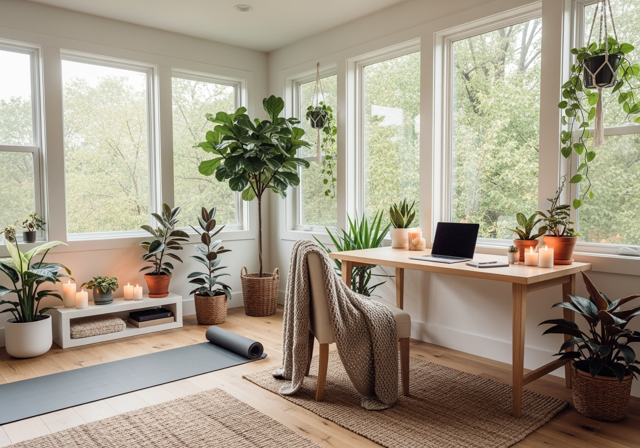 Bright room with large windows, green plants, candles, yoga mat, and a desk with a laptop.