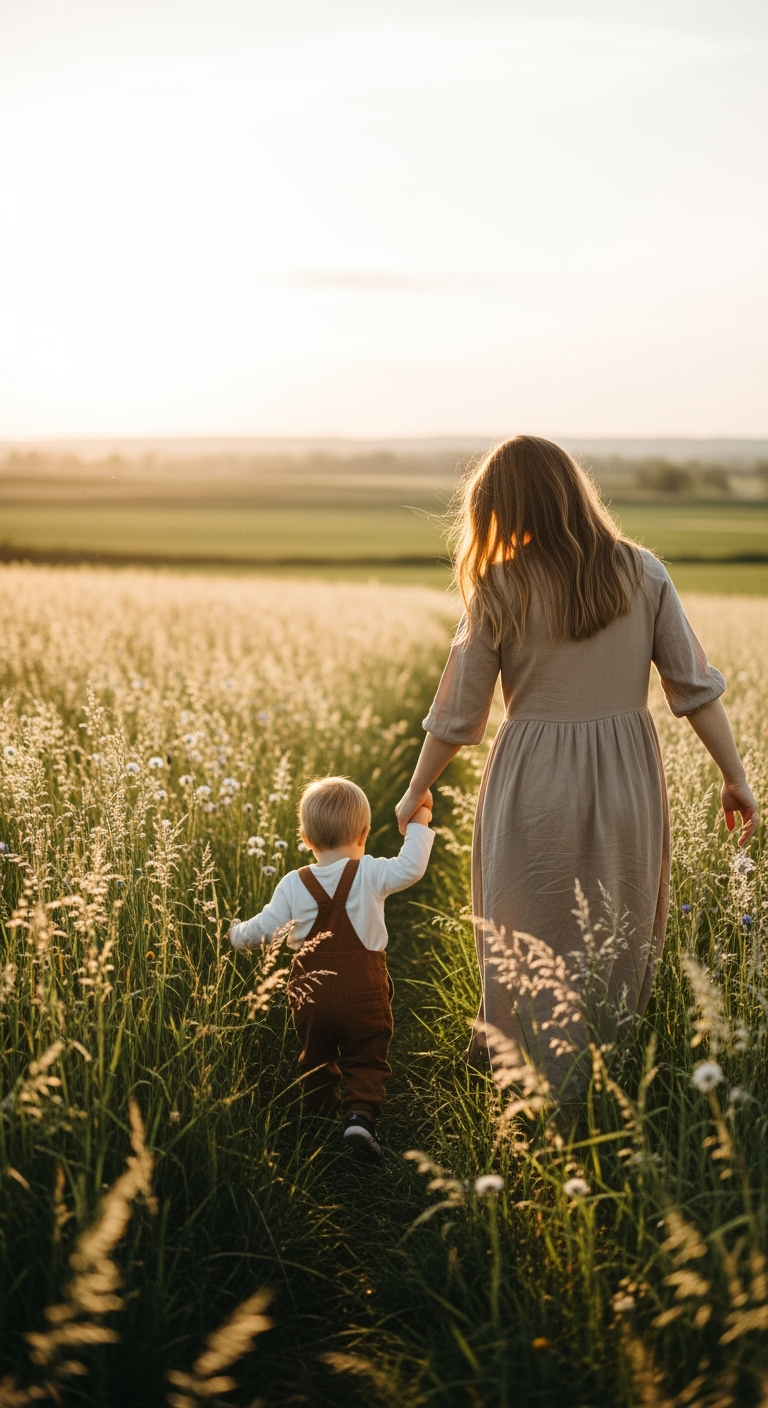 A woman and a young child walking hand-in-hand through a field of tall grass and wildflowers during sunset.