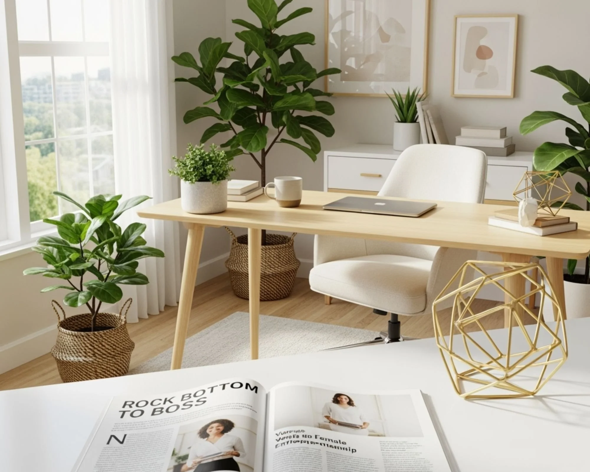 A bright home office with a wooden desk, white chair, potted plants, framed abstract art, and an open magazine on a white table.