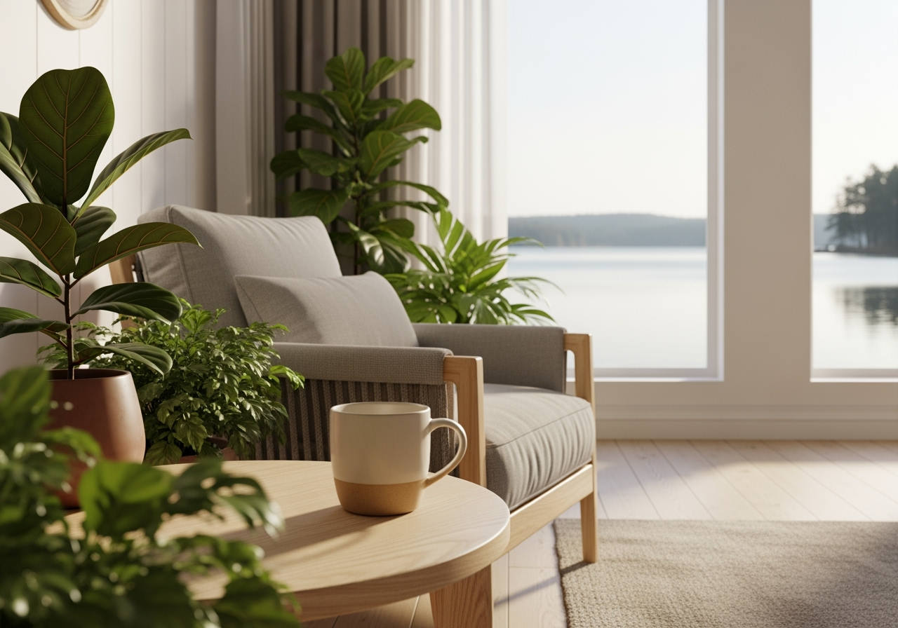 A cozy living room with a view of a lake outside the window. There is a light-colored armchair, a wooden side table with a coffee mug, and several green houseplants.