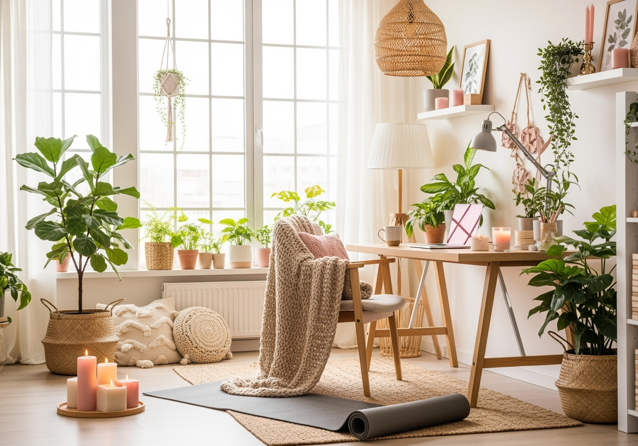 Bright and cozy home office featuring large windows, numerous potted plants, a wooden desk with a computer, candle holders with candles, a lamp, decorative framed art, and knitted cushions, with a chair draped in a chunky knit blanket.