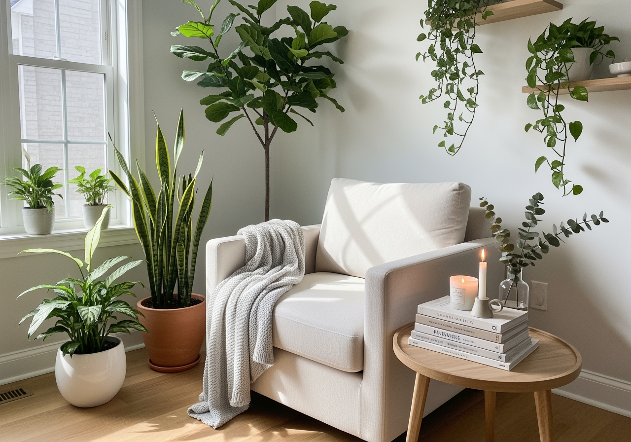Cozy corner with a white armchair, a knit blanket, assorted houseplants, a wooden side table with candles and books, and hanging plants near a window.