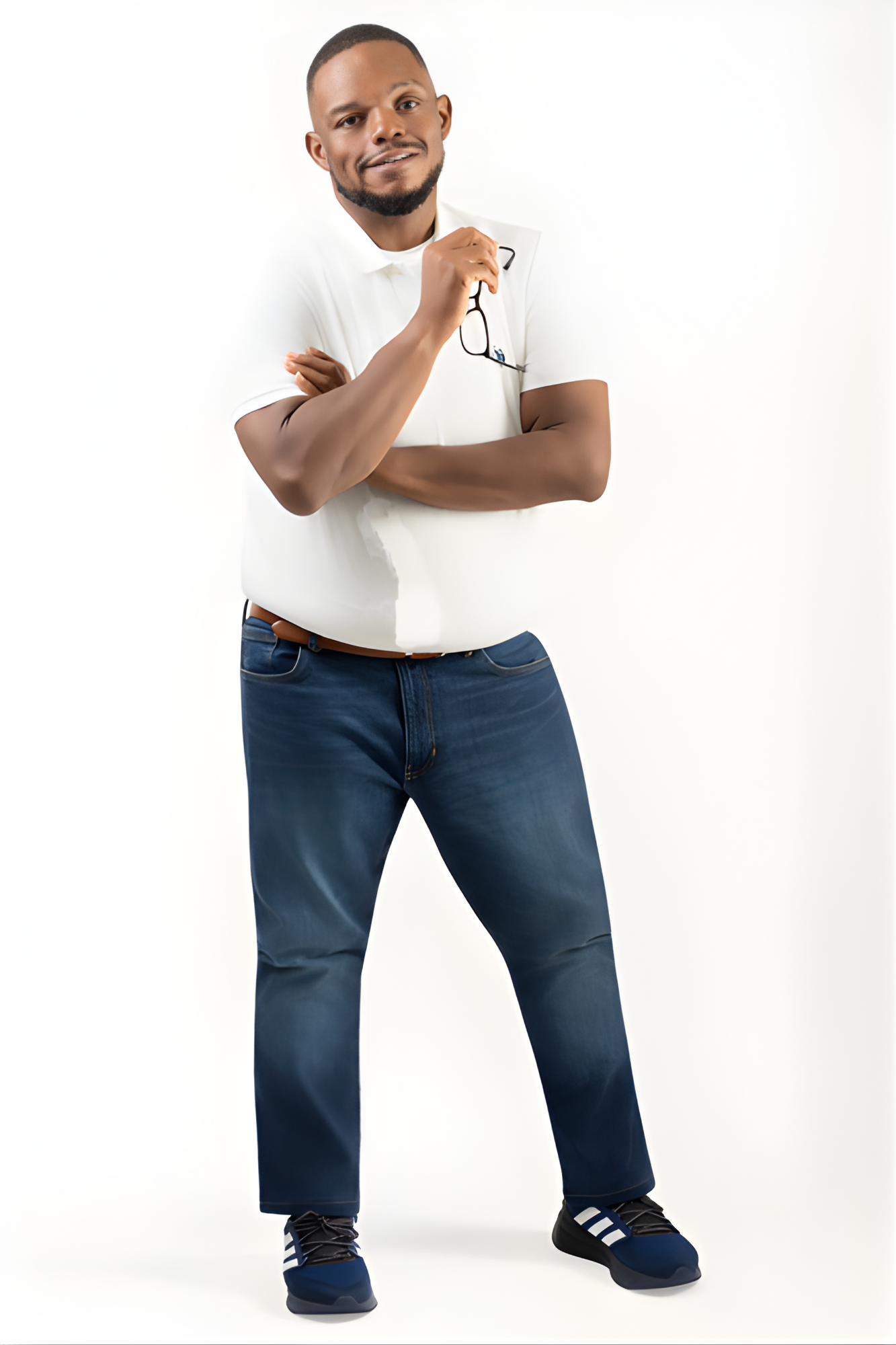 A young man with a beard standing against a plain white background, wearing a white polo shirt, blue jeans, and sneakers, holding glasses in his right hand and smiling at the camera.