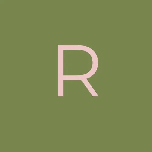 Green background with a large pink letter R in the center.