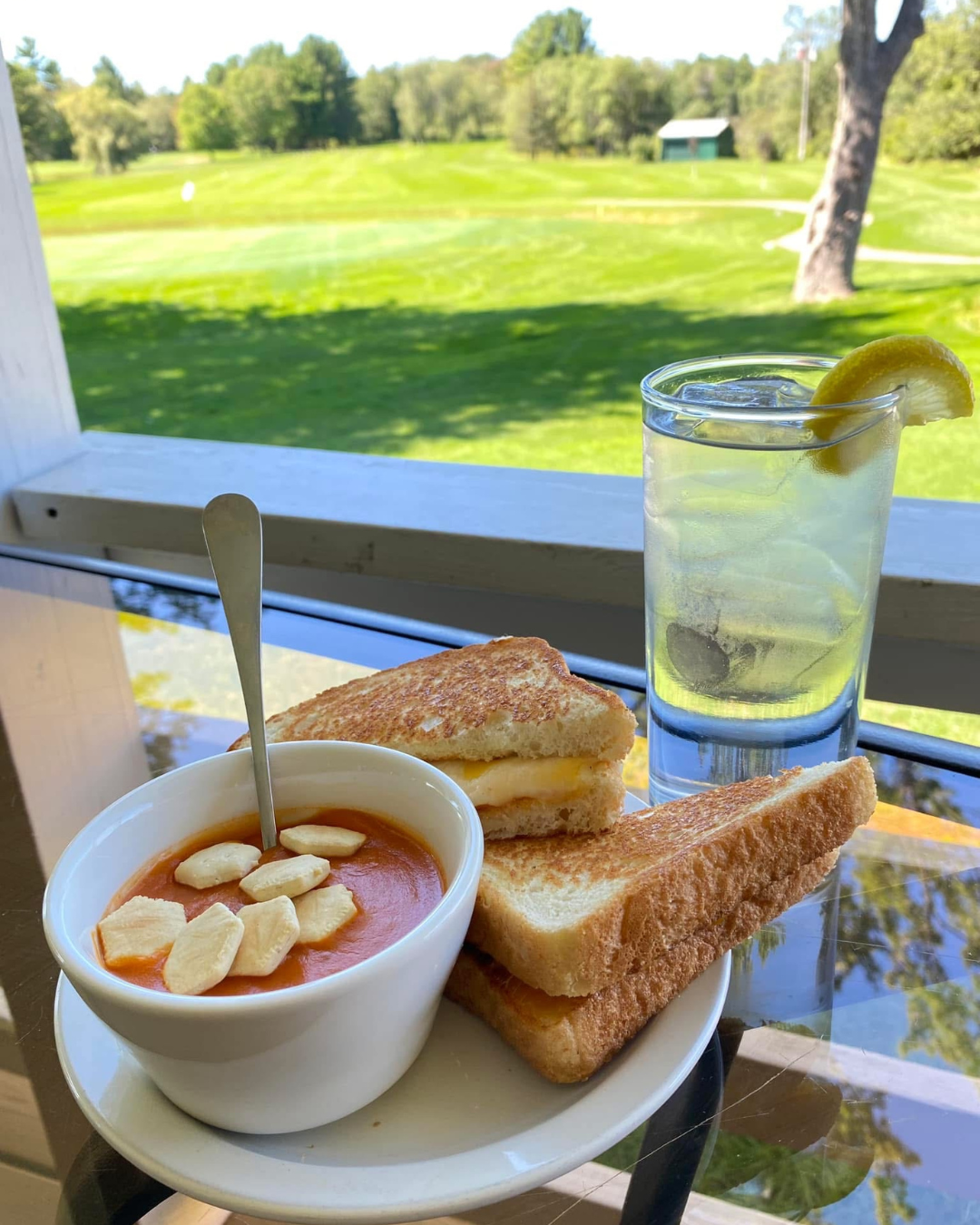 A breakfast plate with tomato soup topped with garlic slices, two toasted grilled cheese sandwiches, and a glass of lemon water with ice on a table, overlooking a green lawn and trees outside a window.