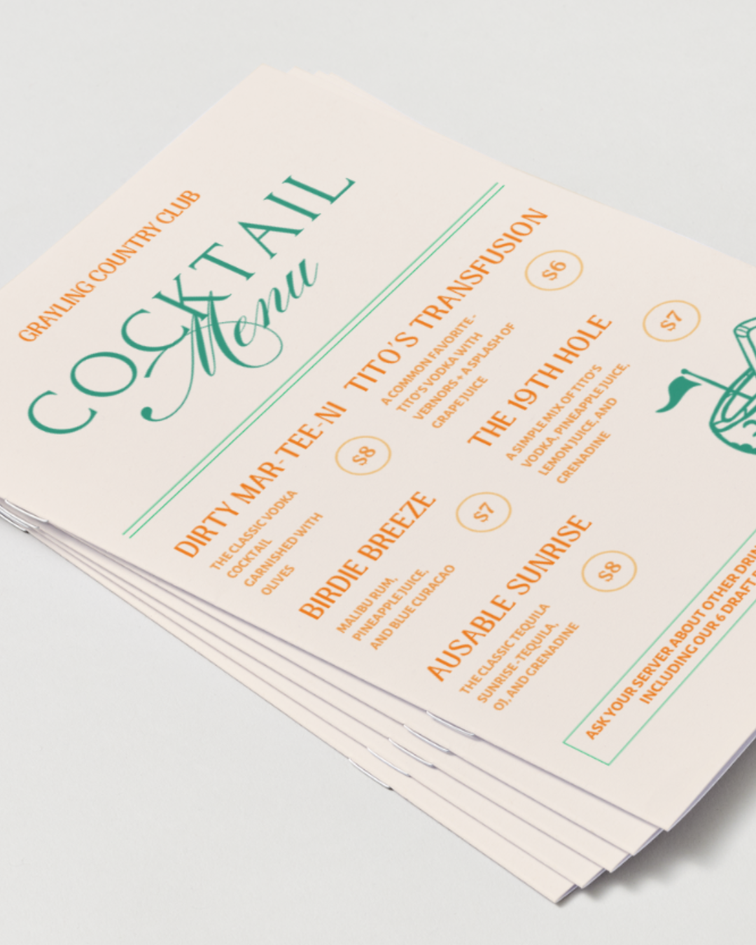 Stack of cocktail menus from Graveling Country Club featuring drink names and prices in orange text.