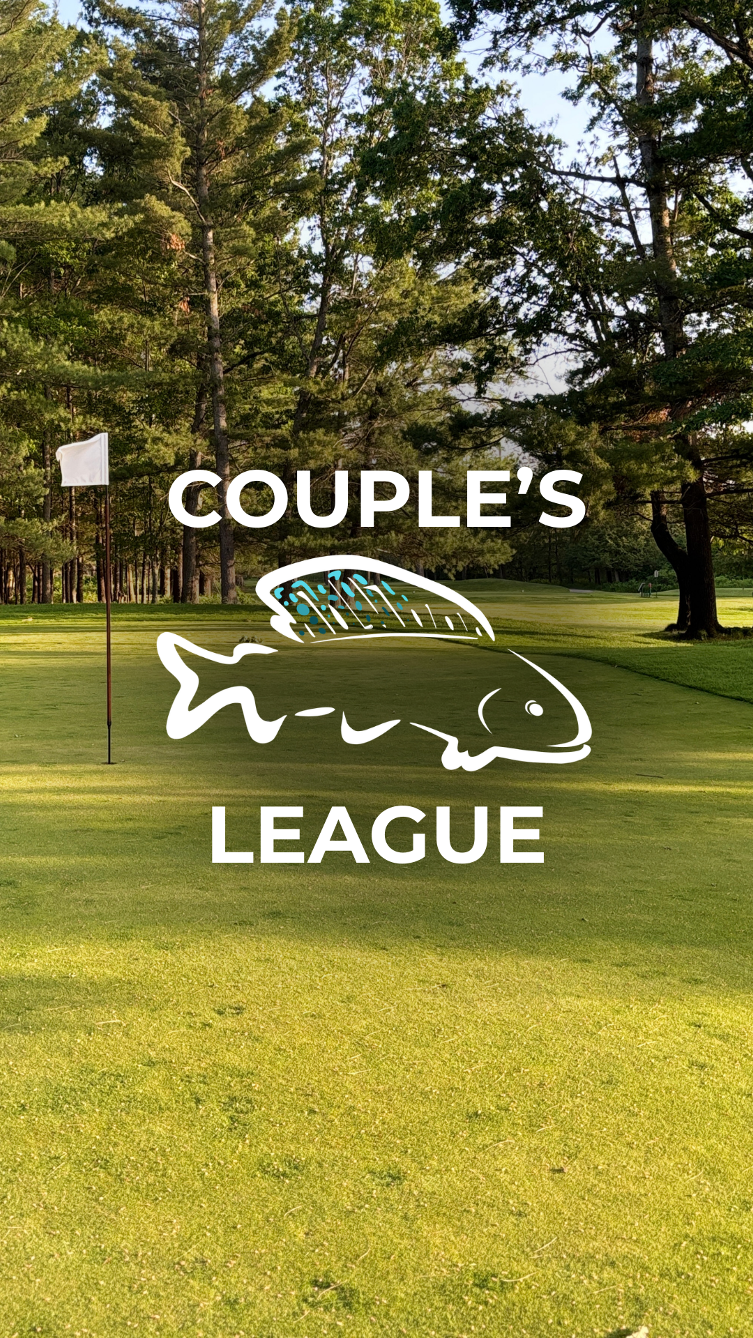 Logo for Couple's League featuring a fish outline and golf course background with trees and a flag.