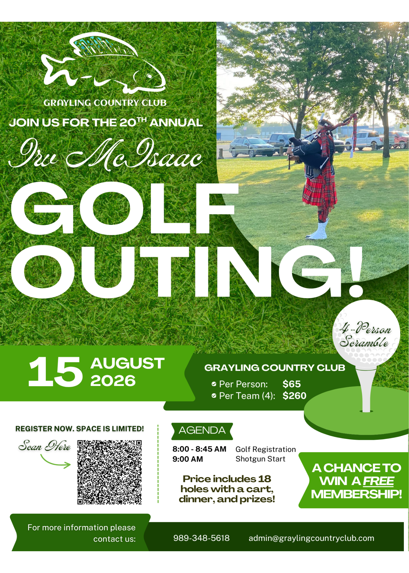 Invitation flyer for the 20th annual golf outing at Grayling Country Club, scheduled for August 15, 2026. The flyer features a background image of a person in Scottish attire holding bagpipes on a golf course with parking lot visible. The flyer details registration times, agenda, pricing per person and team, and contact information, with a QR code for registration.