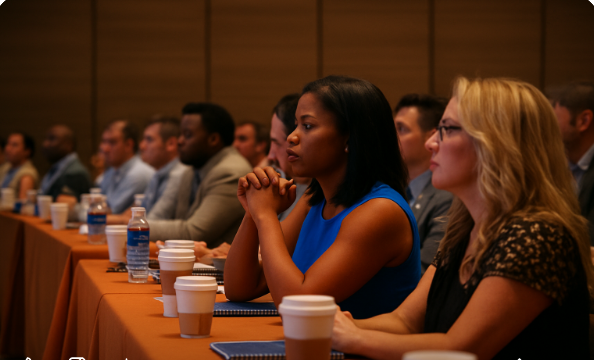 A group of diverse people with glasses attending a conference or seminar, sitting in a row and listening attentively.