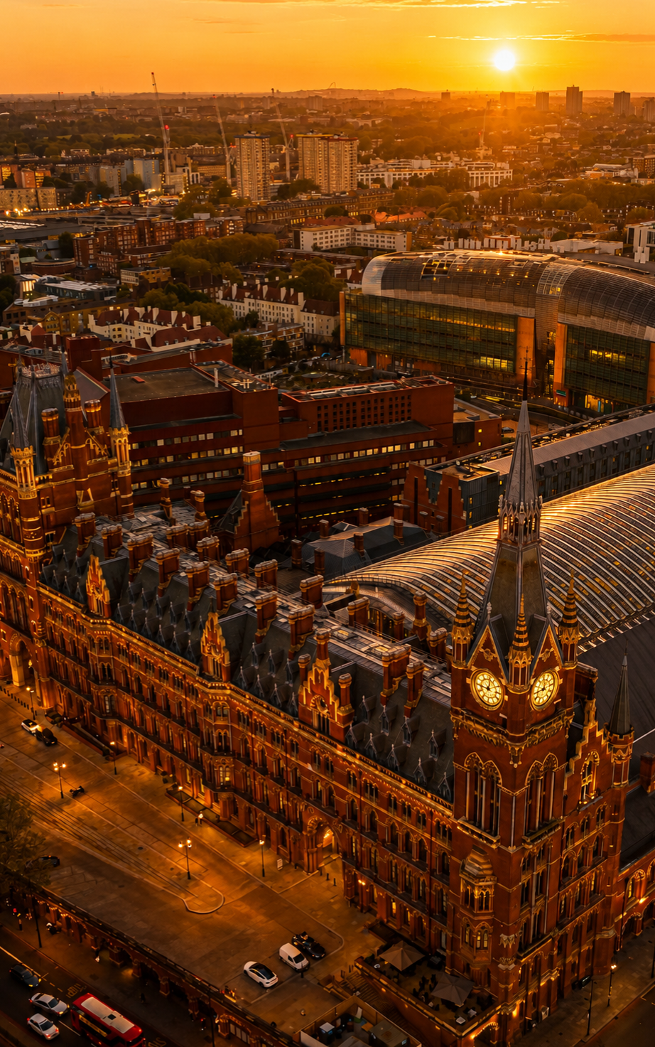 An aerial view of a city at sunset, featuring St Pancras Chambers, the clock tower, modern glass structures, and numerous residential and commercial buildings.