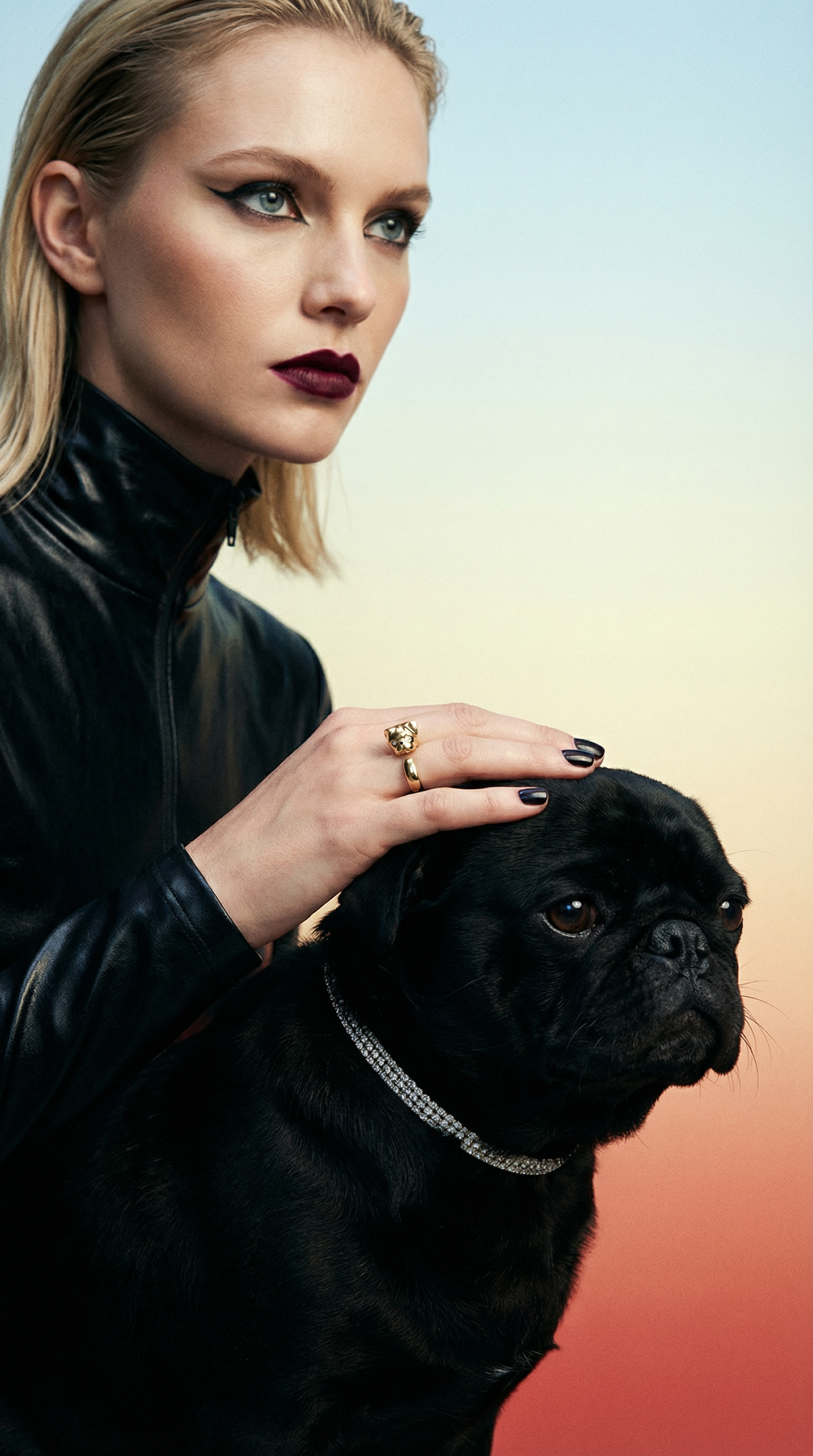 Generated with Kive.ai - Put this gold dog ring on the finger or a blond fashion model wearing slick black stylish cloths and cool make up_ stroking a black pug with a diamond collar_ make sure the ring is clear to see_ and visible_ the ring-3.png