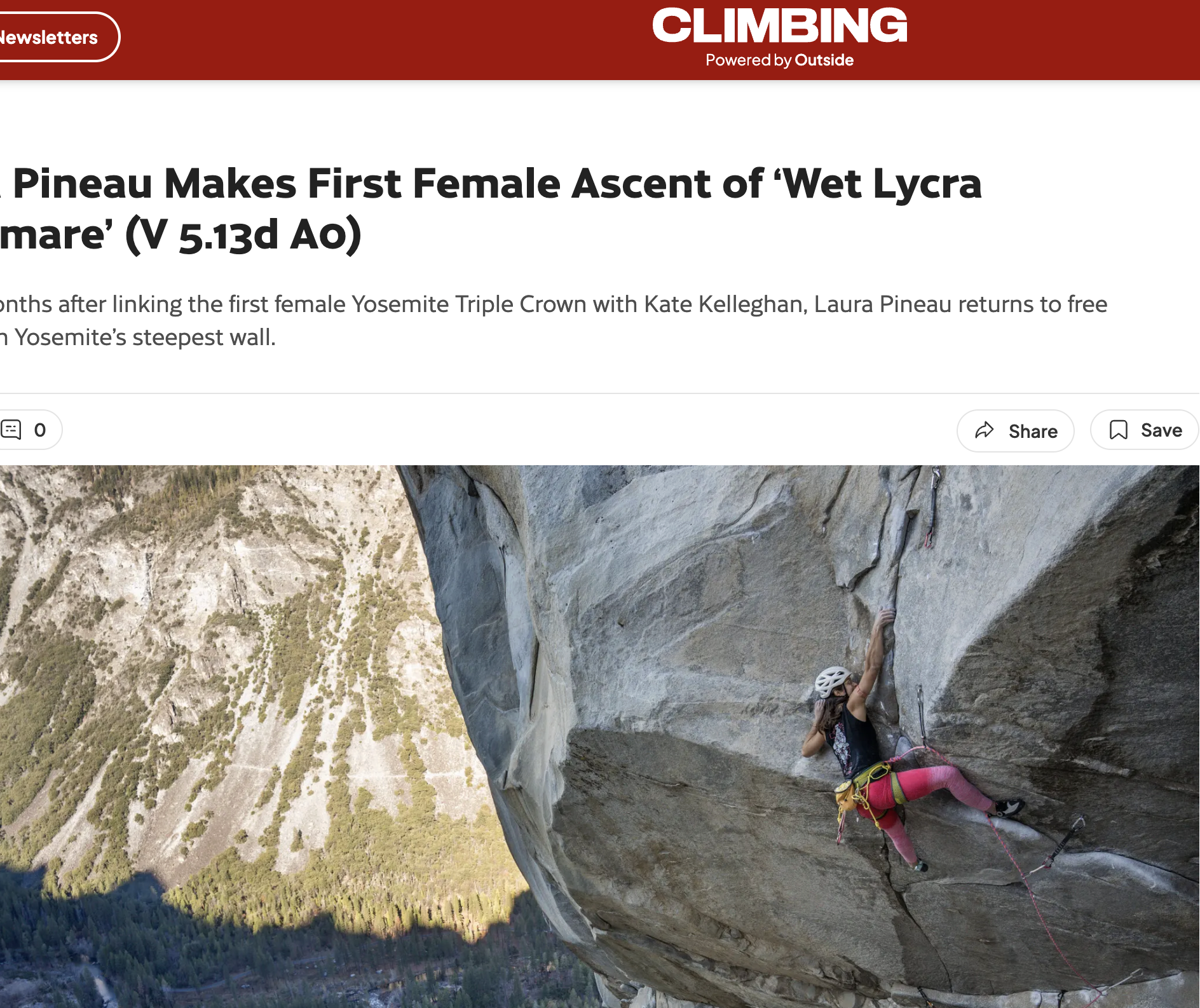 A woman wearing climbing gear, including a helmet and gloves, climbs a rugged rock wall outdoors, with a rocky landscape in the background.