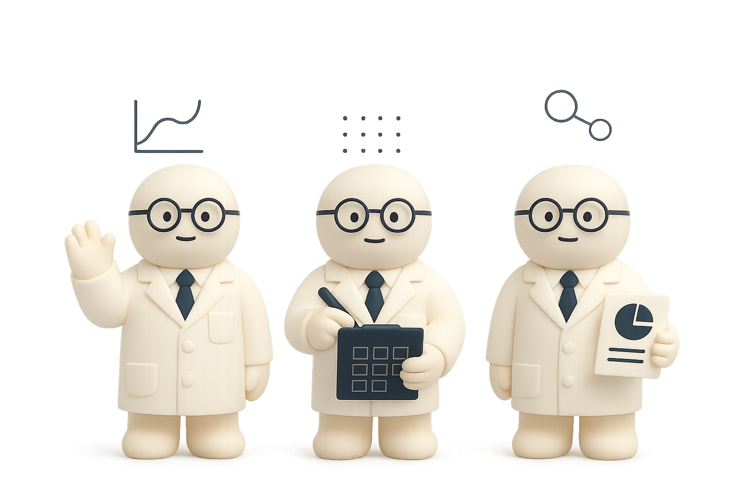 Three cartoon figures of scientists wearing white lab coats, glasses, and black ties, standing together. The first on the left is waving with one hand, the middle holds a calculator and a pen, and the third on the right holds a document with a pie chart. All have bald heads and friendly expressions.