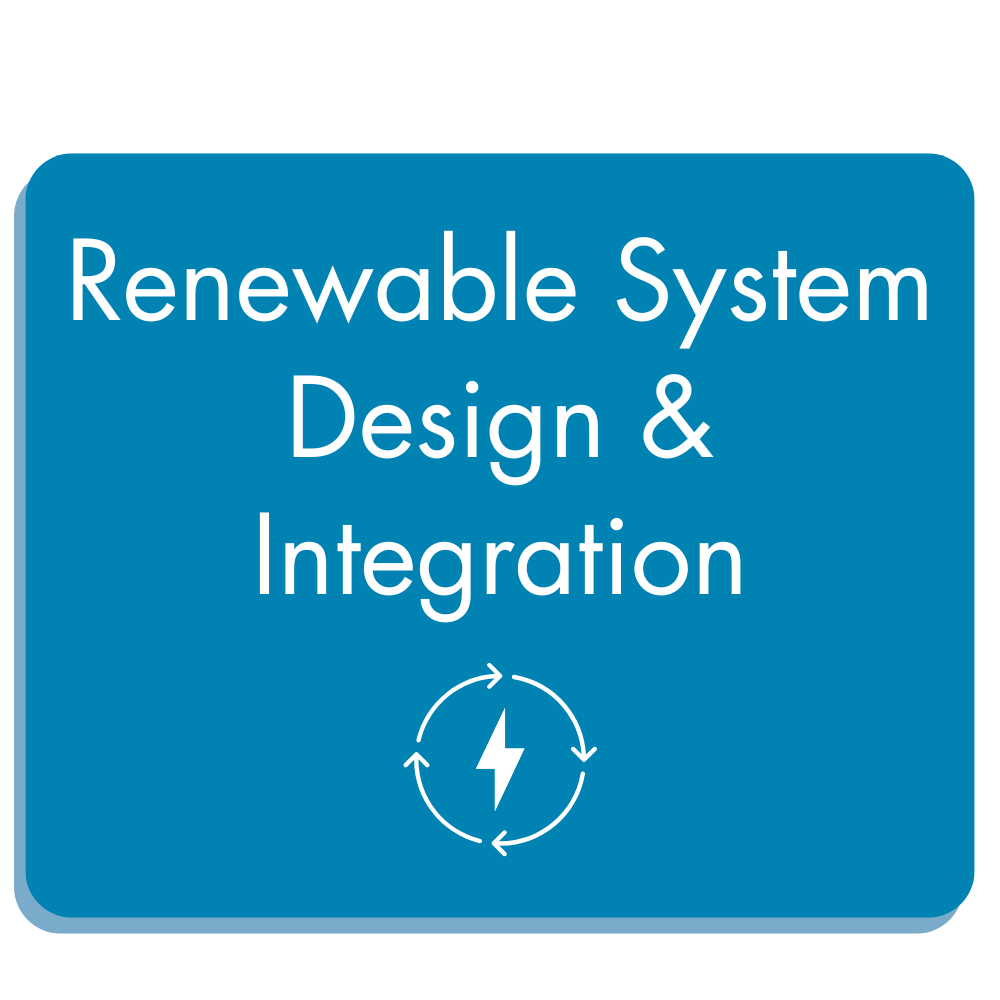 Blue rectangular sign with rounded corners displaying the text 'Renewable System Design & Integration' and a circular arrow symbol with a lightning bolt in the center.