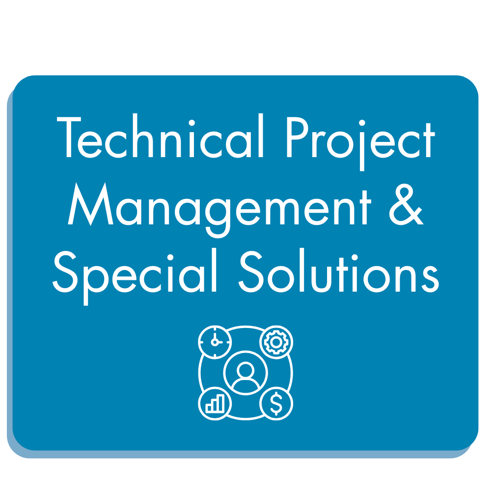 Blue square button with rounded corners displaying the text "Technical Project Management & Special Solutions" in white, along with icons representing time, gears, a person, a graph, and a dollar sign.