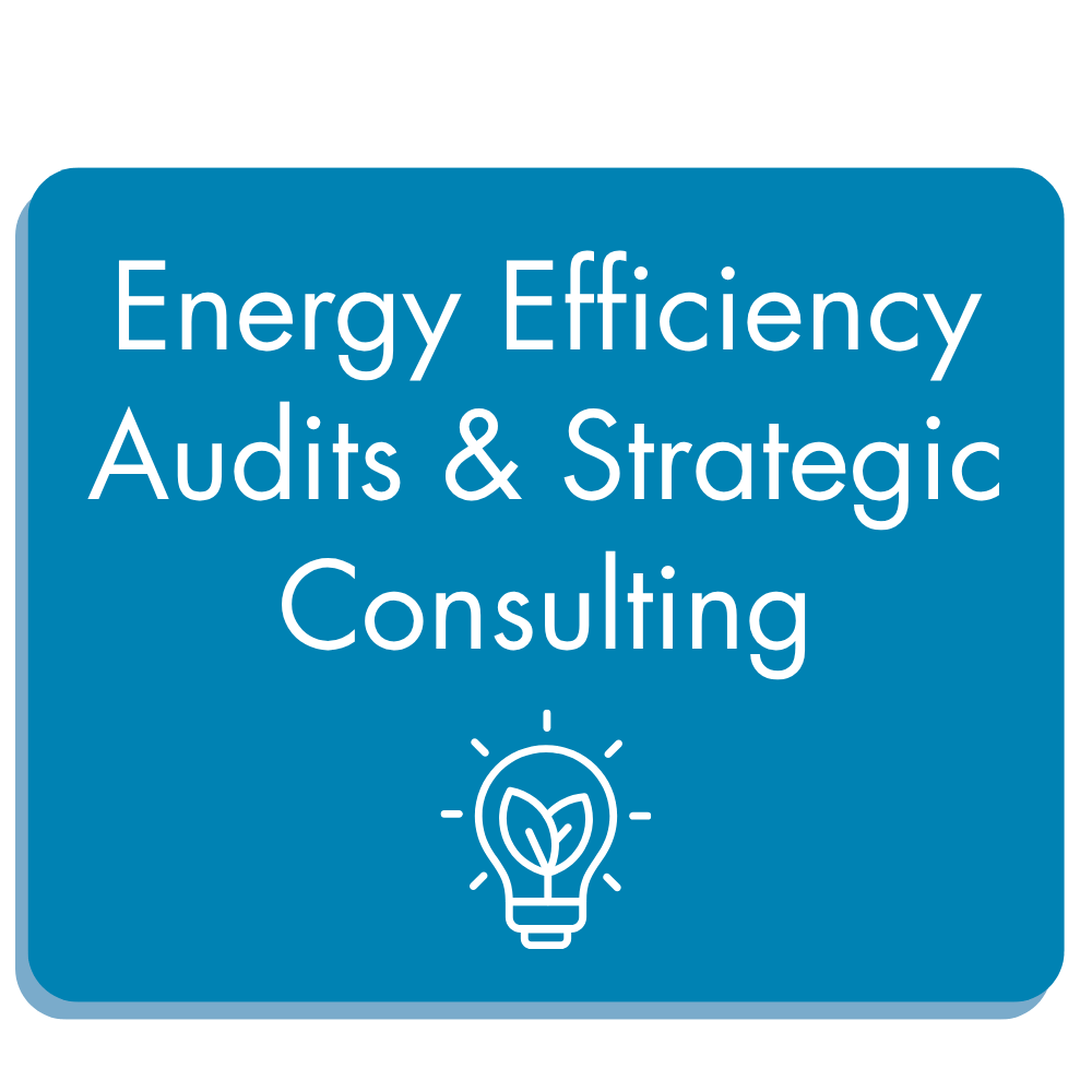 Blue sign with white text reading "Energy Efficiency Audits & Strategic Consulting" and a lightbulb icon with a leaf inside.