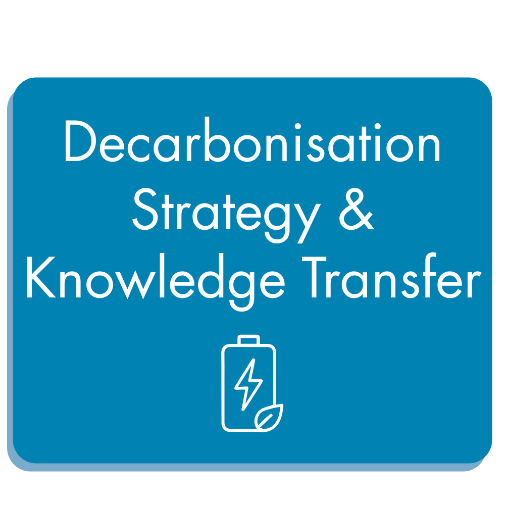 Blue rectangular sign with the text "Decarbonisation Strategy & Knowledge Transfer" and a white battery icon with a lightning bolt symbol