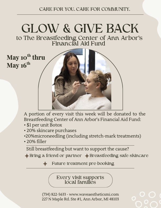 Flyer for a give-back event supporting the Breastfeeding Center of Ann Arbor Financial Aid Fund, featuring event details, date, and information about proceeds benefiting families in need of lactation support.