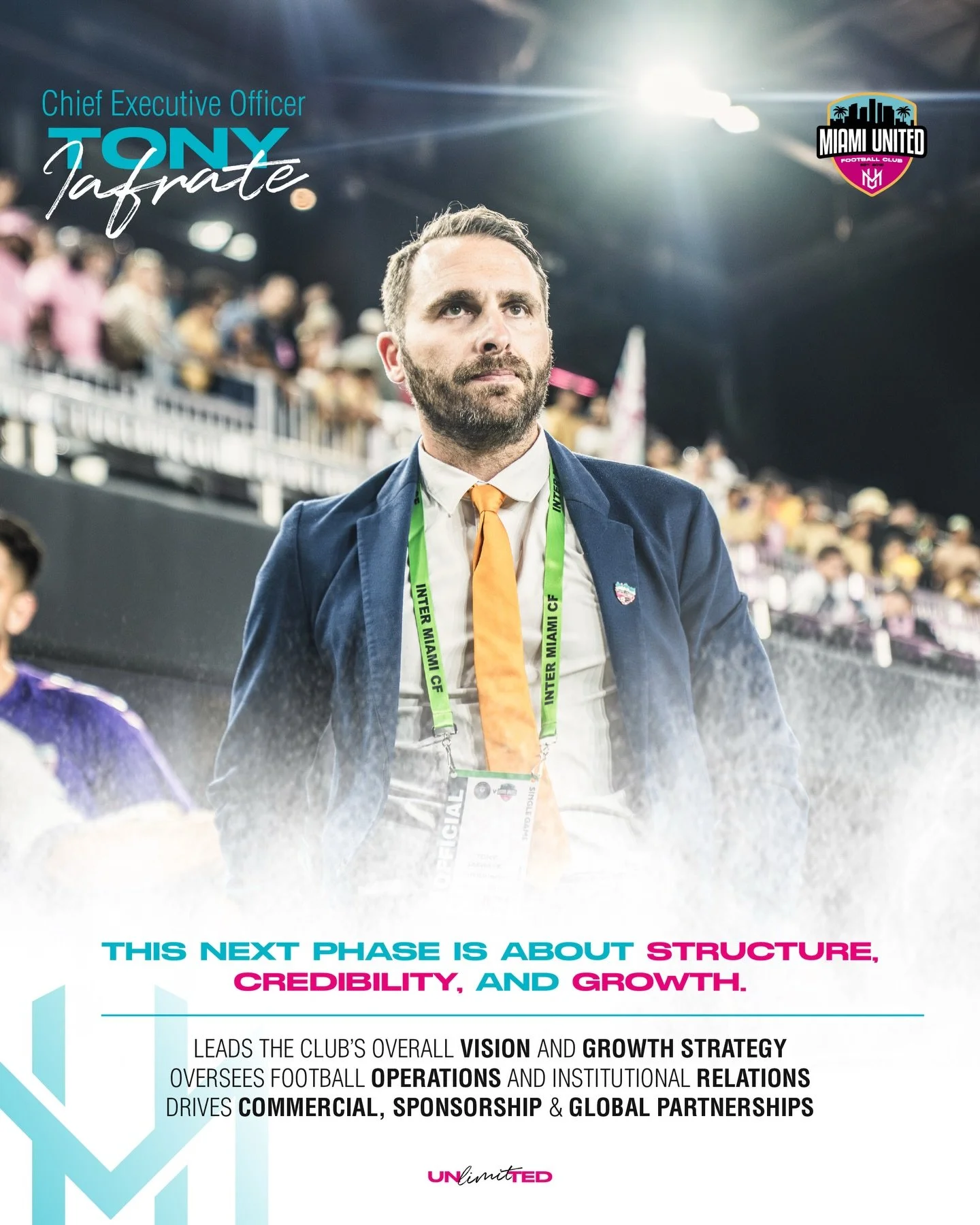 Tony Iafrate assumes the role of Chief Executive Officer (CEO) as part of Miami United FC&rsquo;s leadership evolution.

In this role, Tony leads the club&rsquo;s overall vision and long-term growth strategy, continuing to supervise football operatio