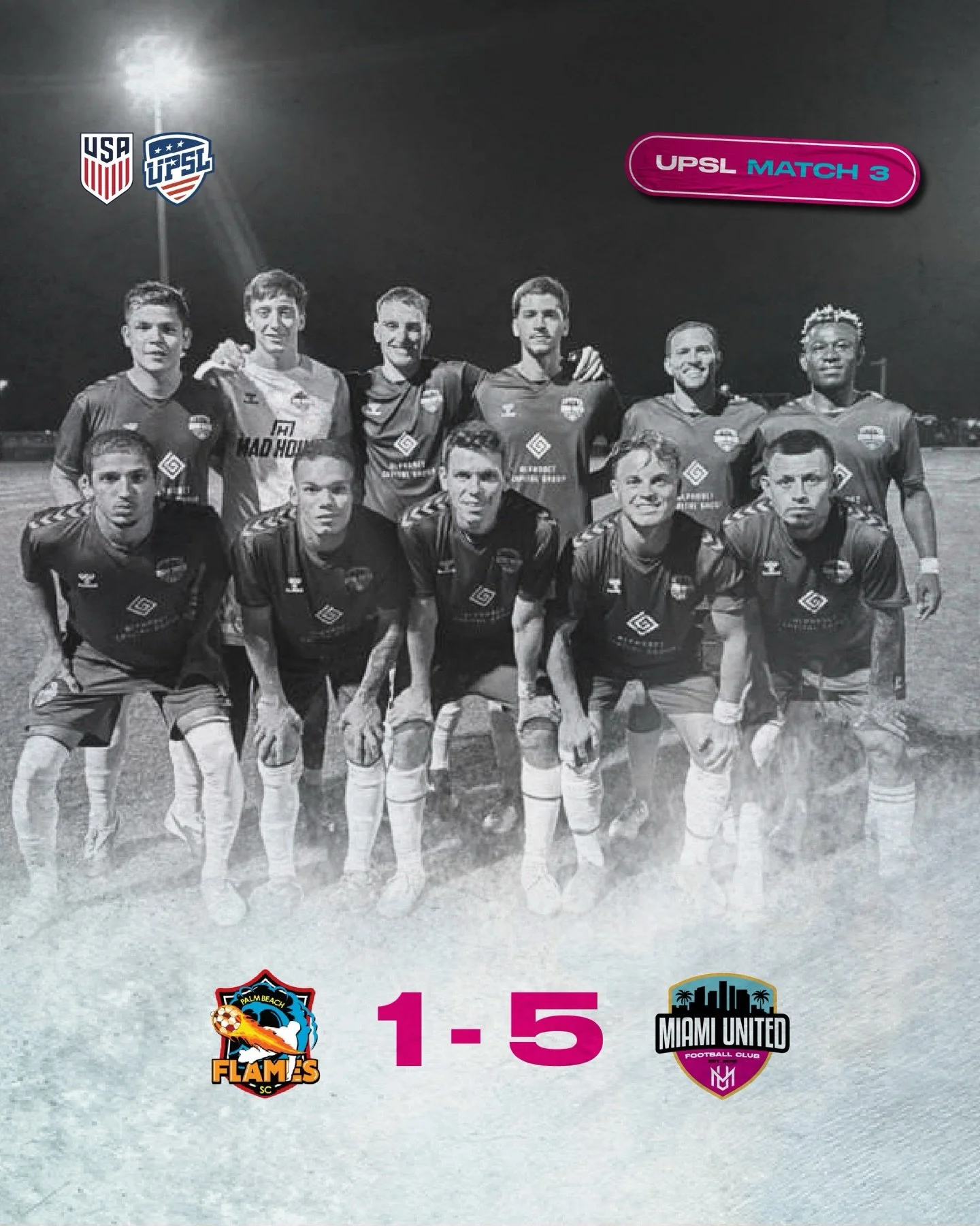 🏆 UPSL Spring 2026 &ndash; Match 3 

Palm Beach Flames SC 1
Miami United FC 5

🔥 Great Miami United!

A dominant performance from start to finish. Miami United controlled the match with intensity, quality, and high-level football, showing great org