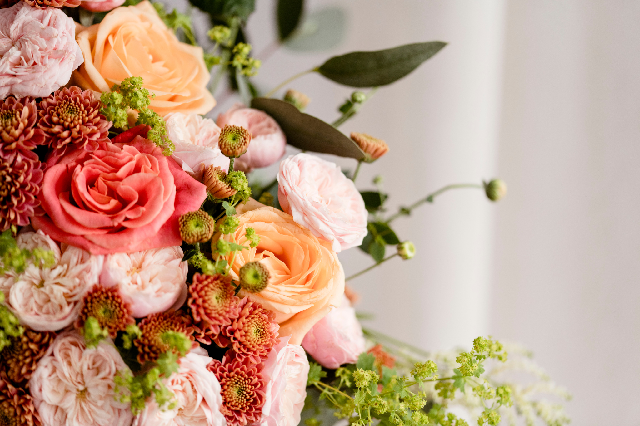 a modern floral arrangement using blush pink spray roses and Chrysanthemum Santini Ellison Salmon