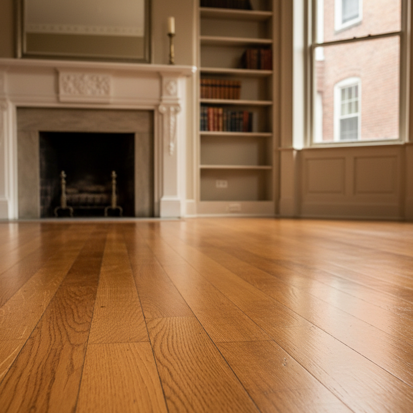 Empty living room with hardwood floors, fireplace, built-in bookshelves, and large windows.