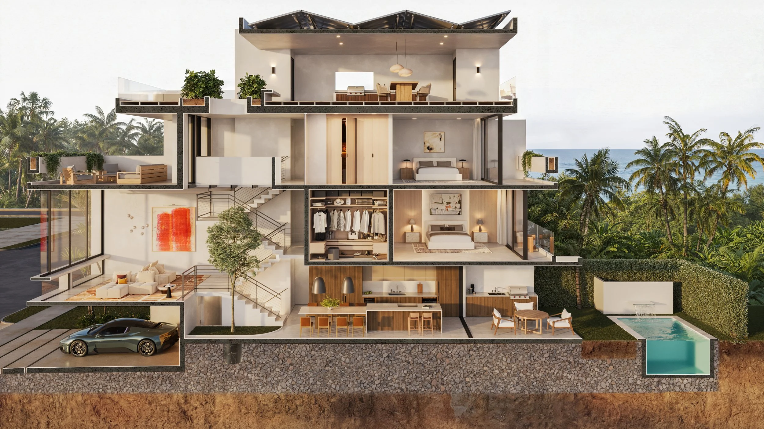 Cross-section of a modern multi-story house showing interior rooms, including bedrooms, living areas, kitchen, and outdoor spaces, with a view of palm trees and a body of water in the background.