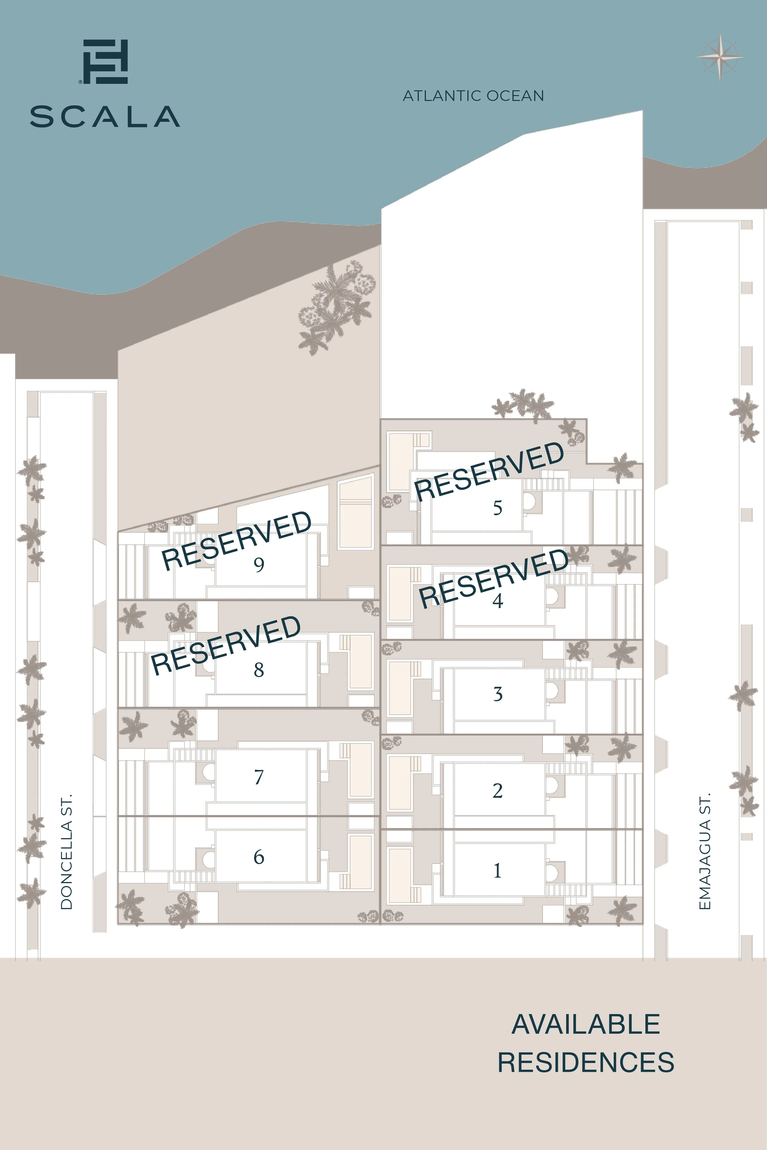 Map layout of the Scala residential complex with numbered units 1 to 9, reservations marked on some units, surrounded by palm trees, streets, and ocean in the background labeled Atlantic Ocean.