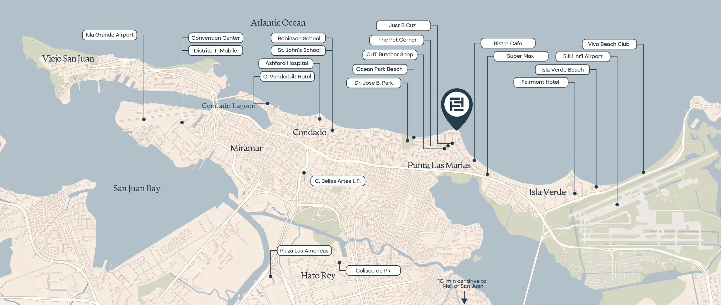 Map of IPunta Las Marías, Puerto Rico, showing landmarks and locations including Isla Grande Airport, Isla Verde Beach, Vivo Beach Club, Fairmont Hotel, and the Atlantic Ocean.