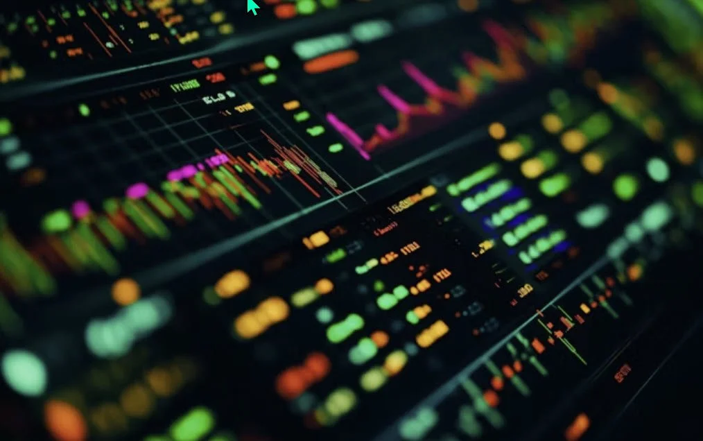 A digital stock market display with colorful graphs, charts, and data points showing financial trends.