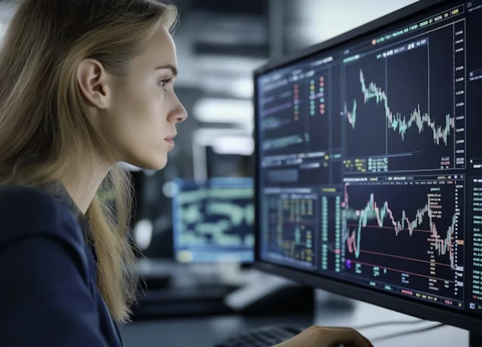 A woman in front of a computer screen displaying stock market graphs and data.