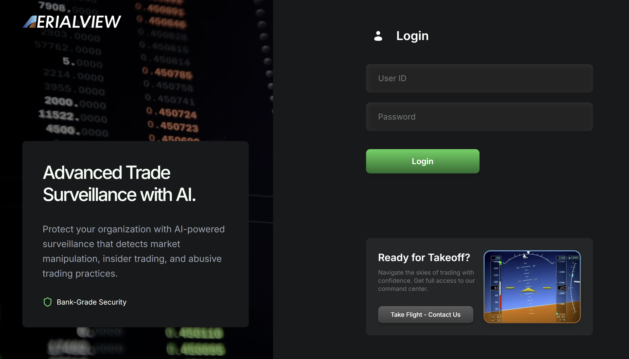 A login screen for a financial trading platform with a background of stock market data, an overlay text box promoting AI-powered trade surveillance, a login form with user ID and password fields, and a section about navigating trading with confidence.