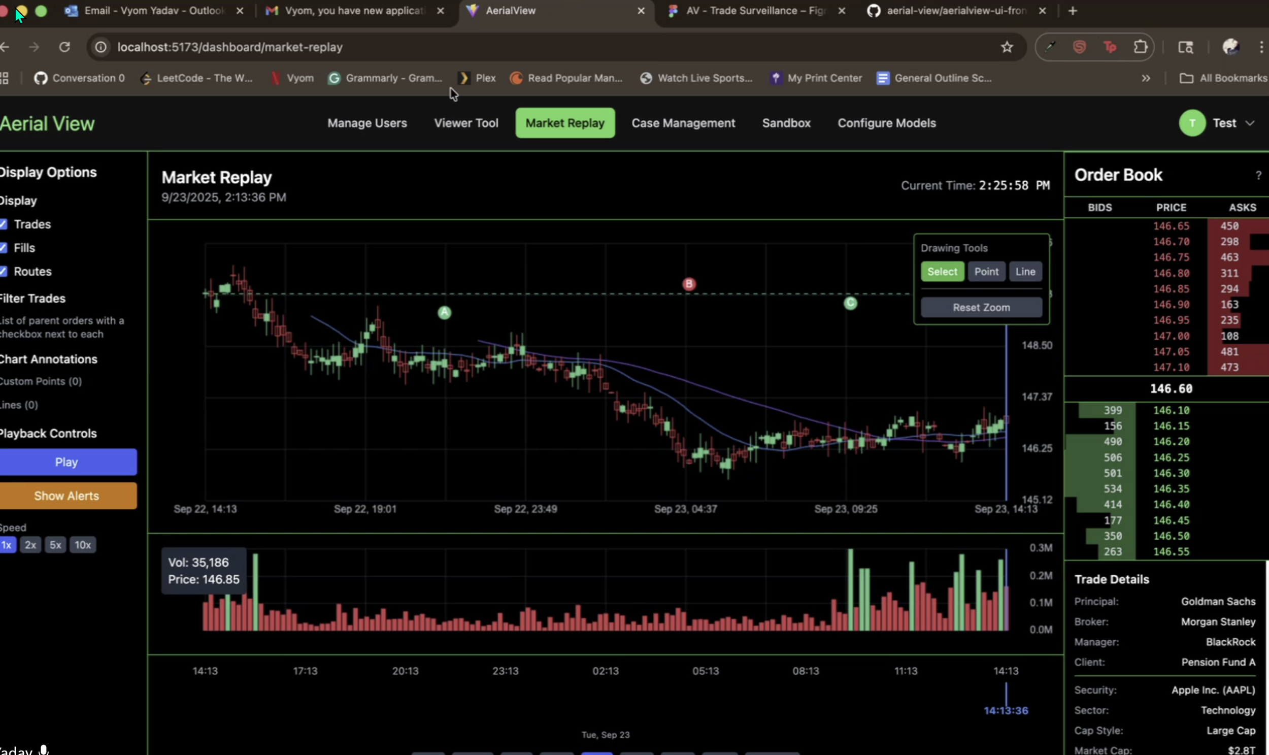 A computer screen displaying a stock market trading platform with a candlestick chart, order book, trading volume, and various controls.