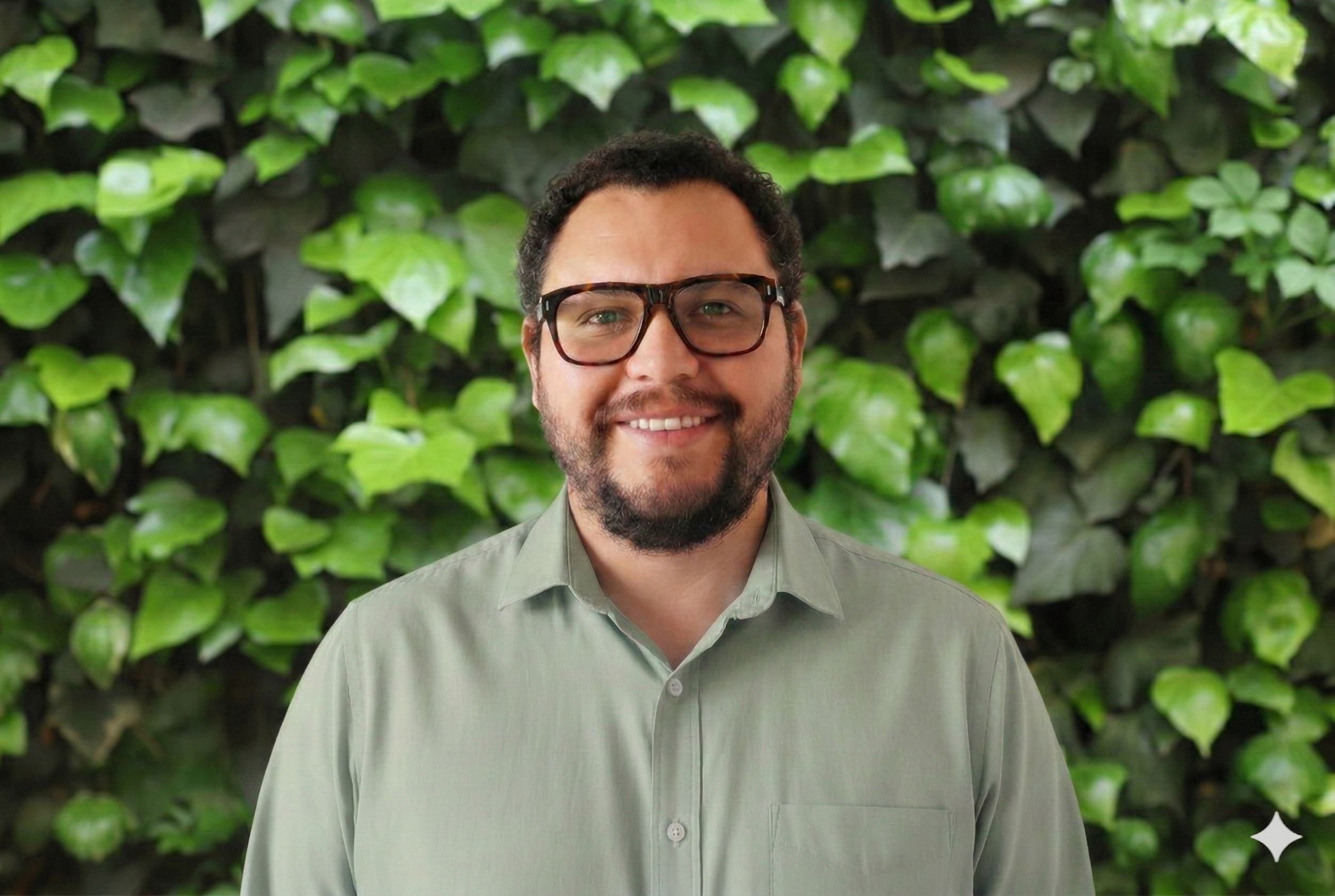 Silueta de una persona frente a un fondo de hojas verdes.