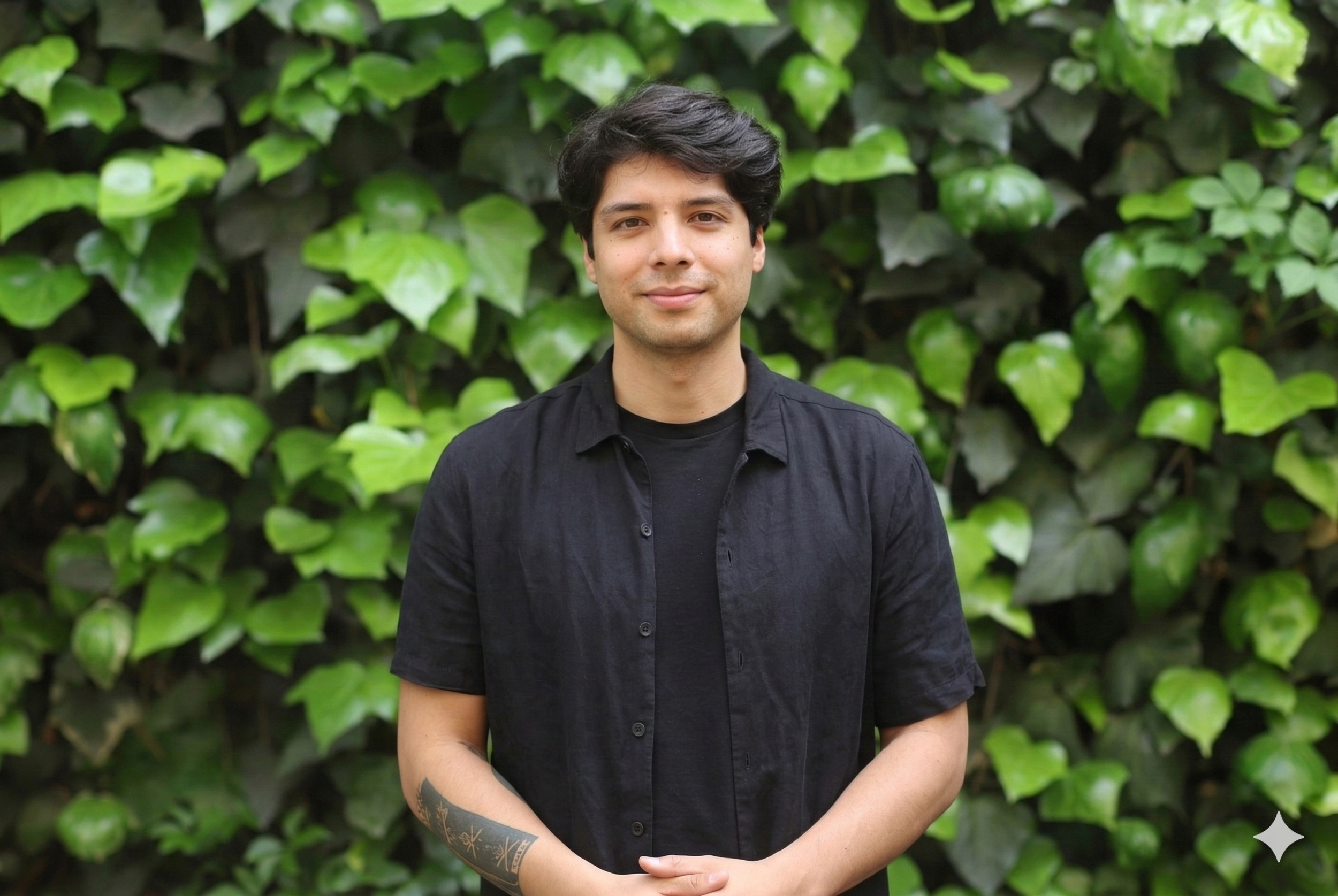 Silueta de una persona frente a un fondo de hojas verdes.