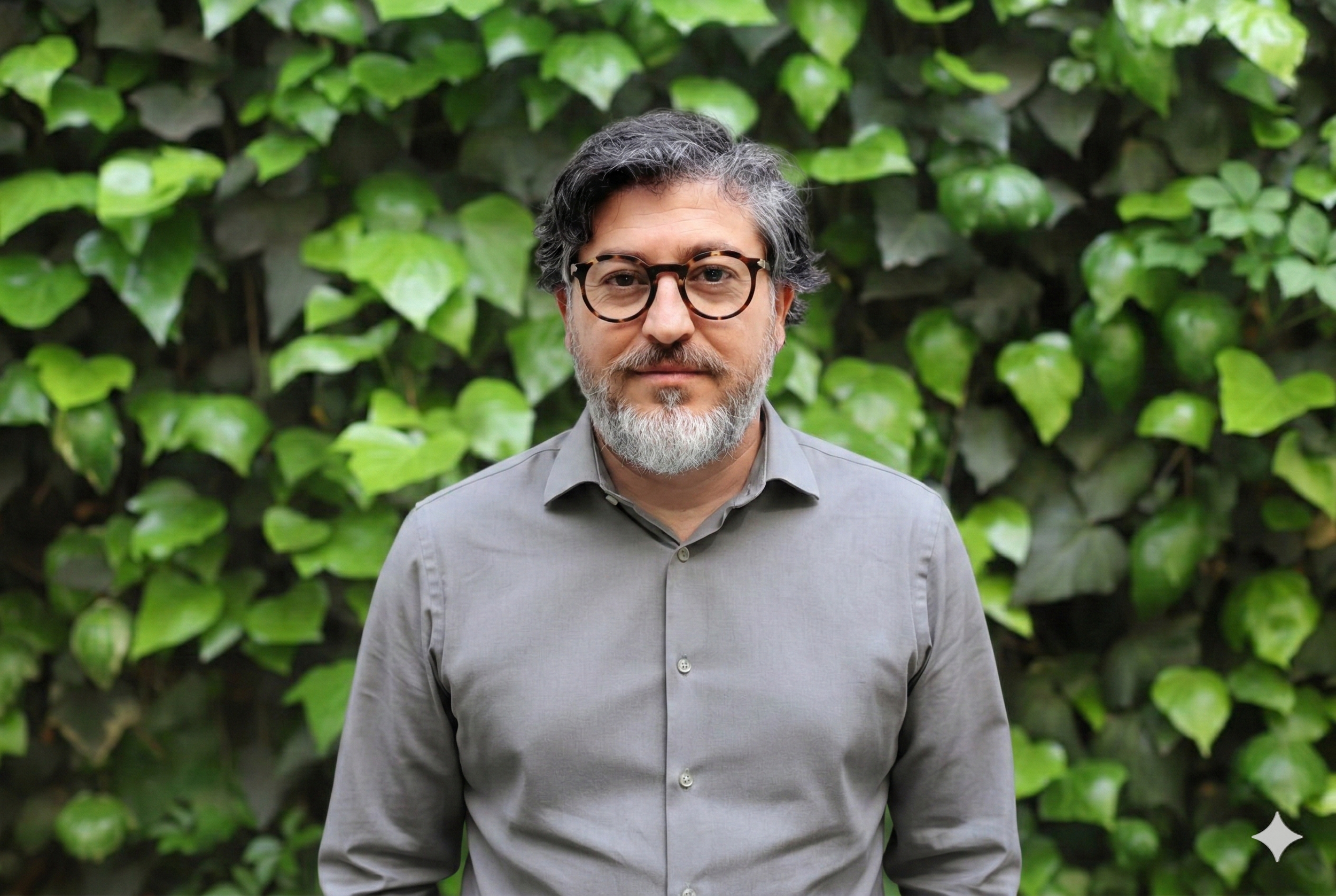 Silueta de una persona frente a un muro cubierto de hojas verdes.