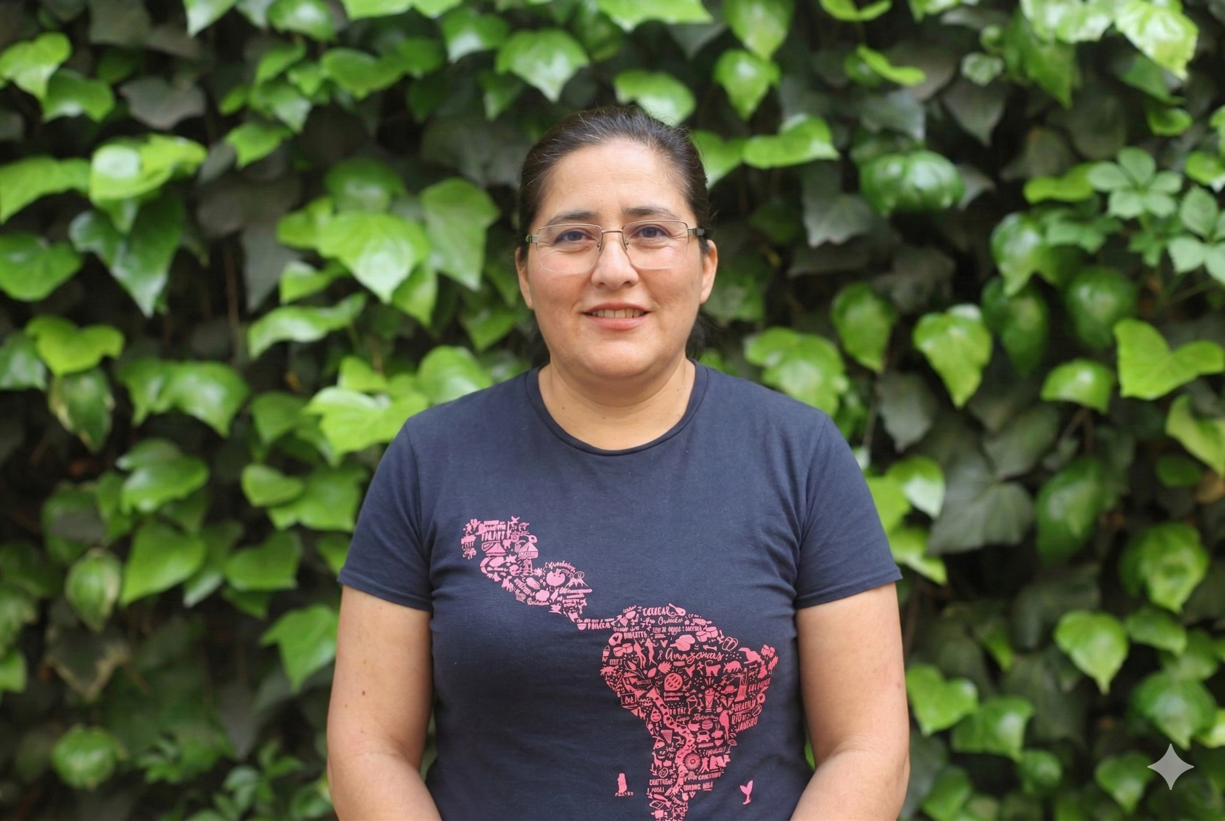 Silhouette negra de una persona con cabello largo frente a un fondo de hojas verdes.