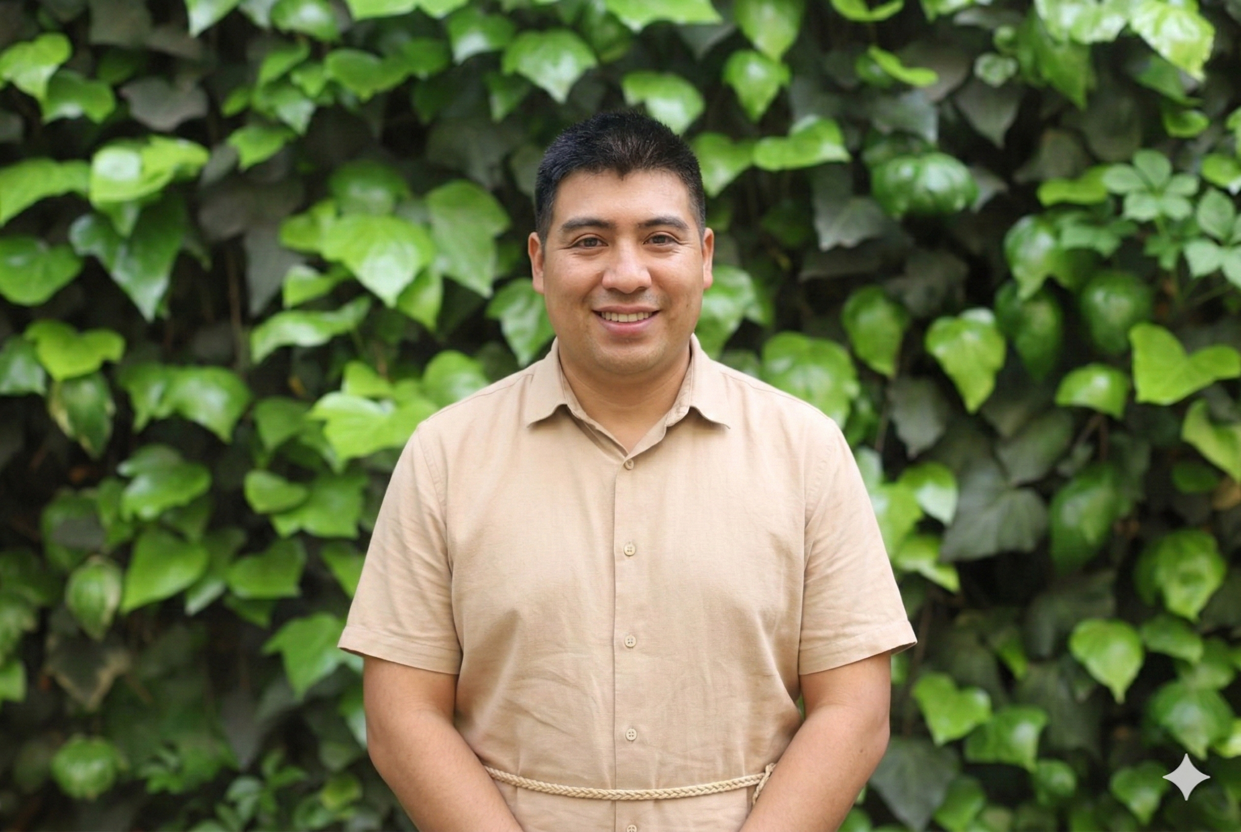 Silhouette de una persona contra un fondo de hojas verdes.