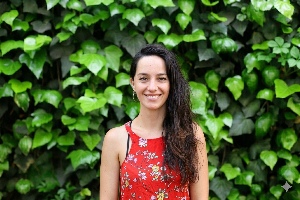Forma de silueta humana en negro frente a un fondo de hojas verdes.