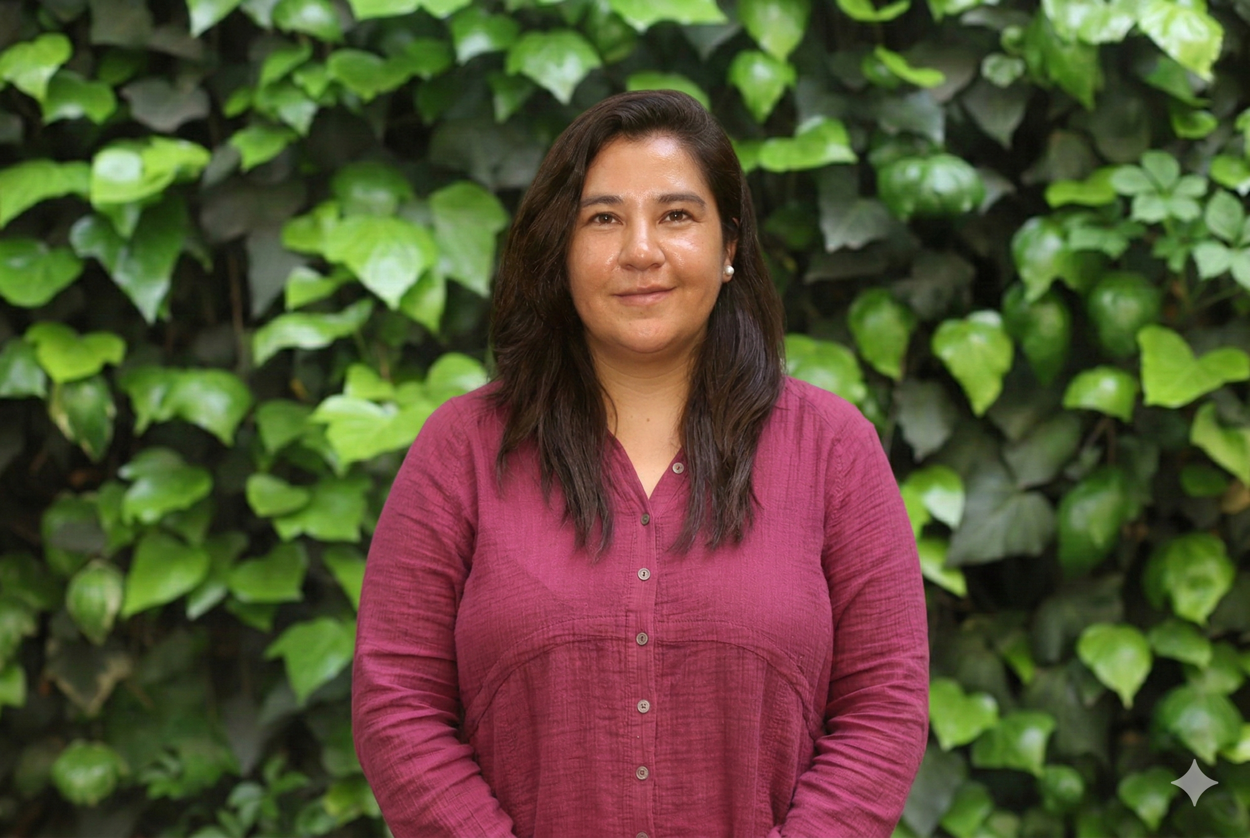 Silhouette de una persona con cabello largo frente a un fondo de hojas verdes.