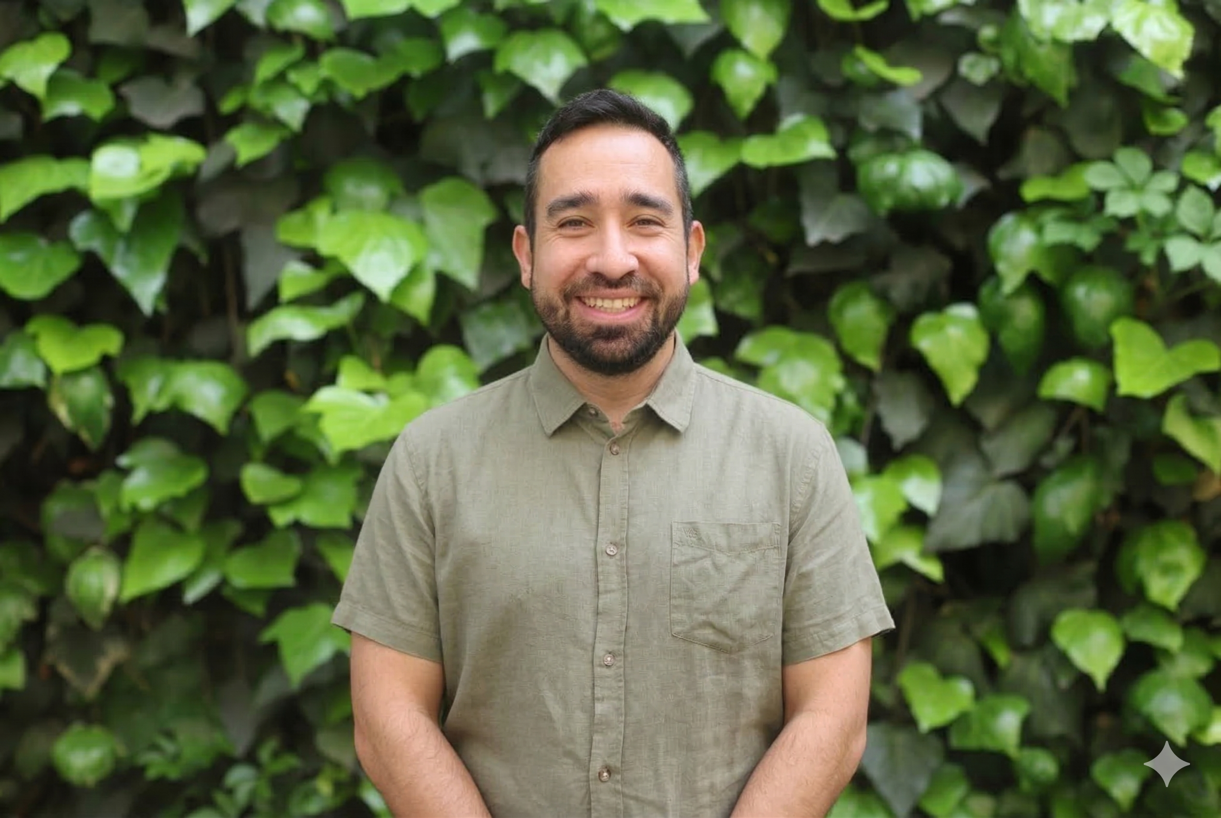 Silueta negra de una persona frente a un fondo lleno de hojas verdes.