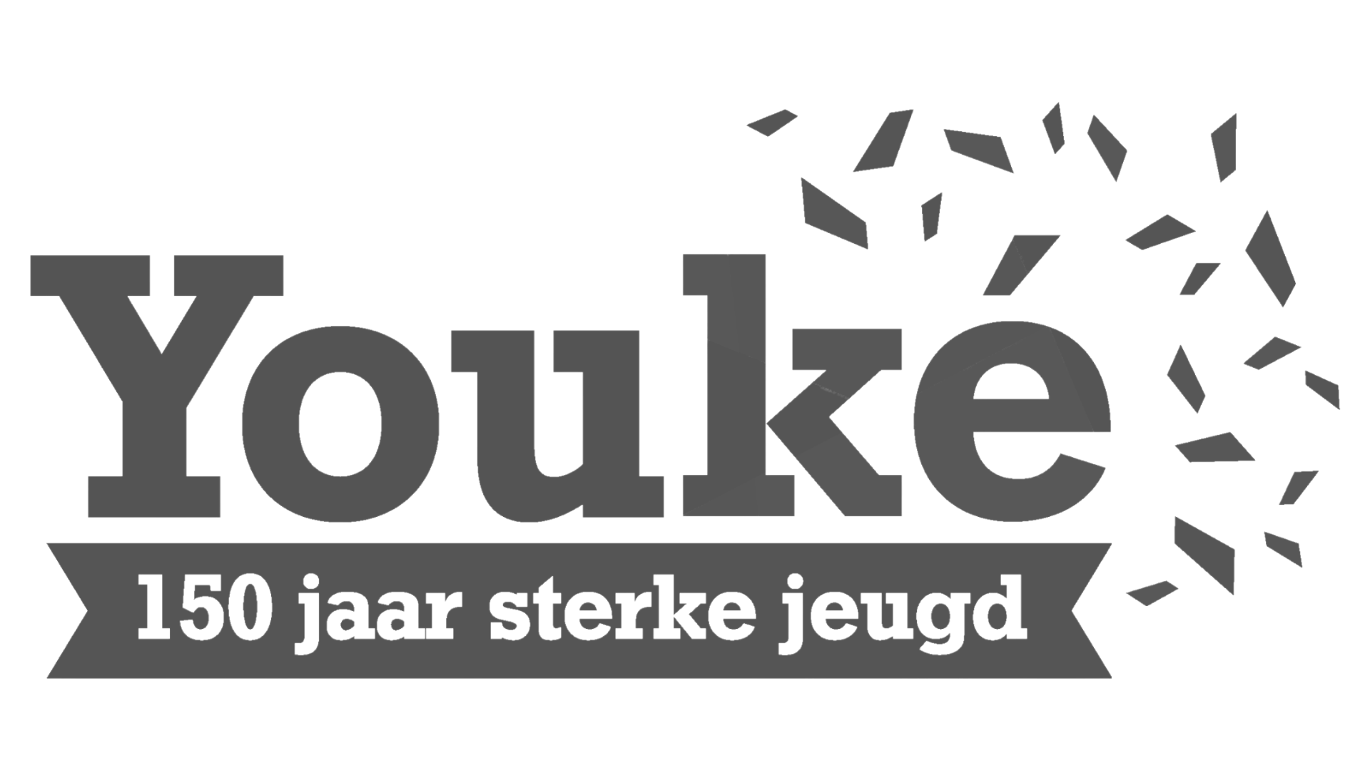 Logo met de tekst 'Youlke 150 jaar sterke jeugd' met confettiregen op een zwarte achtergrond.
