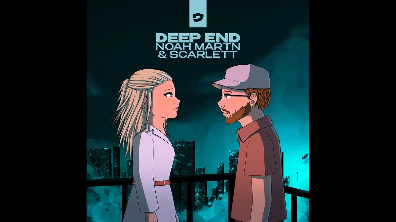 Animated illustration of a man and a woman facing each other on a balcony. The woman has long blonde hair and is wearing a white dress. The man has a beard, glasses, and is wearing a baseball cap, brown shirt, and gray sleeves. The background shows a city skyline at night with dark clouds and blue tones. Text at the top reads 'Deep End' and below it 'Noah Martin & Scarlett'.
