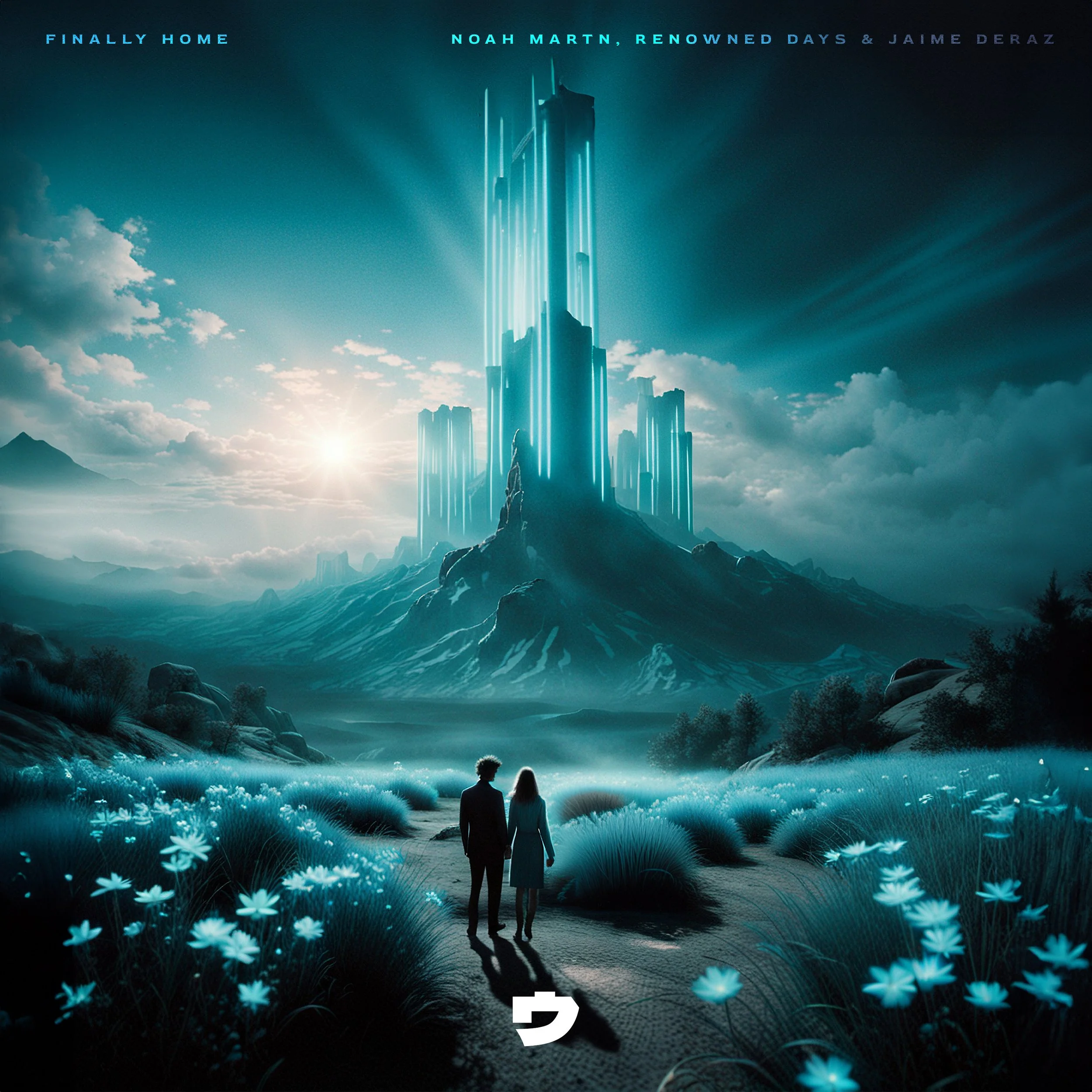 A fantasy scene with a glowing, tall, futuristic skyscraper on a mountain, with a couple walking on a path surrounded by glowing blue flowers and grass, under a dramatic sky with clouds and a bright sun.